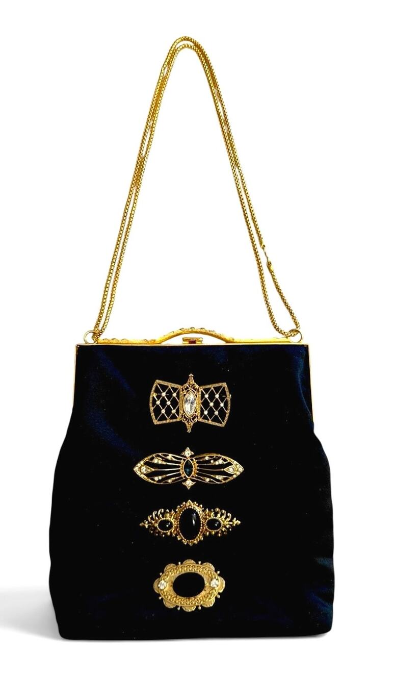 Vintage Walborg Brooch Bag 1960s Black Satin Jeweled Evening Purse OOAK